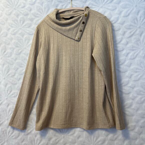 Rafaella tan ribbed sweater wide collar gold accent buttons size S preowned - Picture 1 of 6